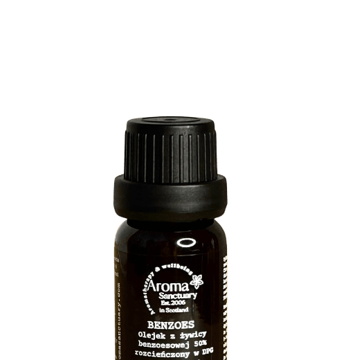 Small dark brown bottle with a black screw cap, labeled Aroma Sanctuary Benzoes essential oil.