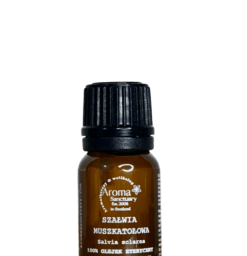 Brown essential oil bottle with a black cap labeled Aroma Sanctuary and clary sage (Salvia sclarea) essential oil